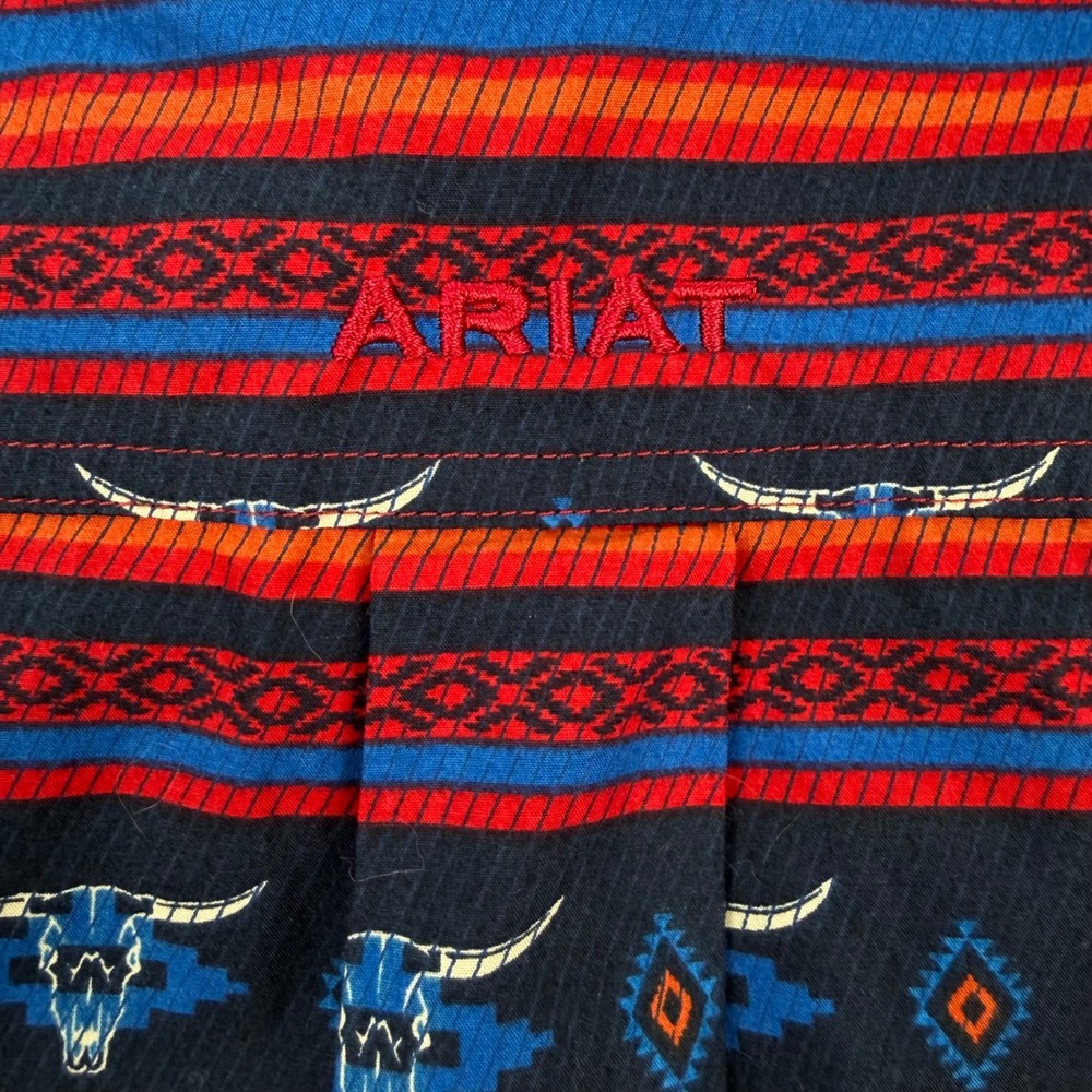 Ariat Mens Pike Classic Western Button Down Shirt Steer Skull Stripe Navy Red L - Picture 6 of 7